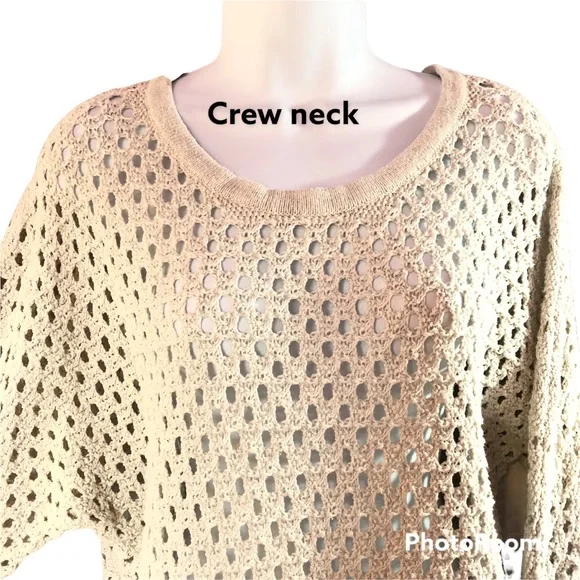 Cabi women light gray knit crochet top, long sleeve, see thru, round neck Sz S - Picture 2 of 10